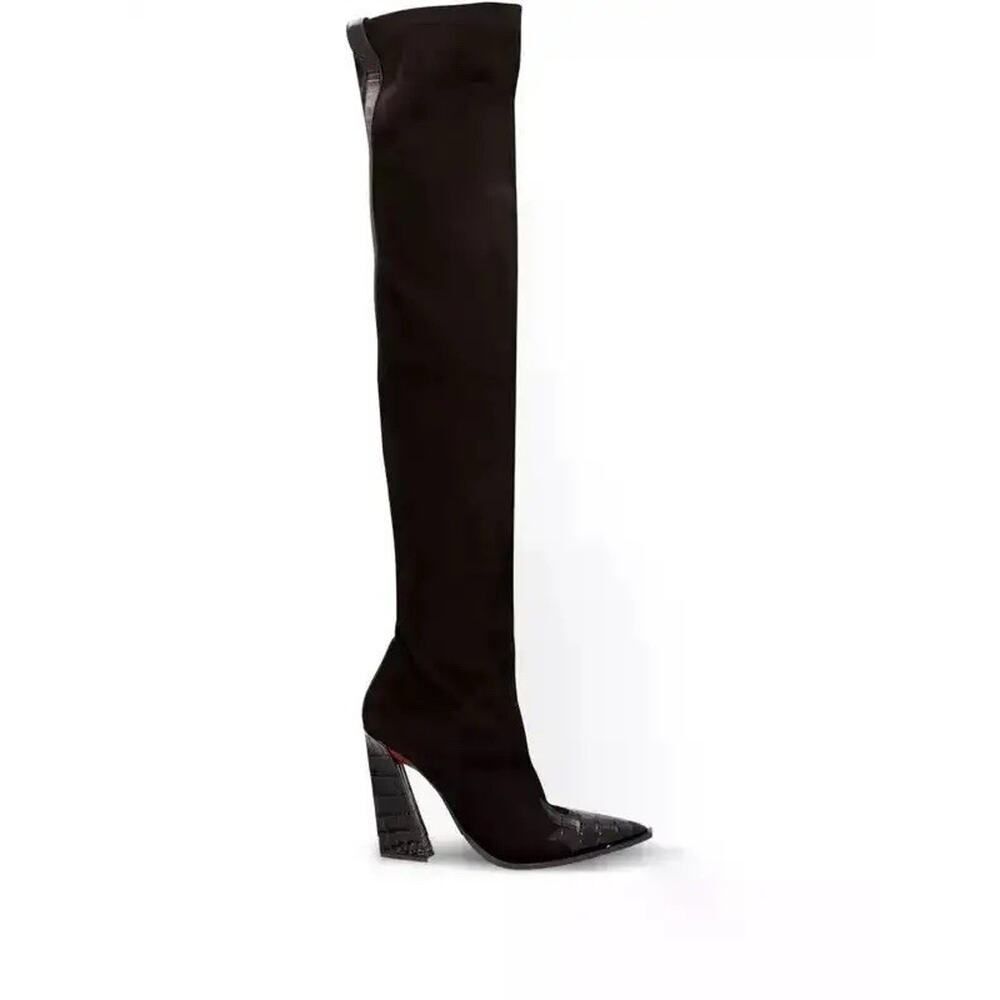NEW SONORA Over Knee Pasilla Croc-Detail Black Boots 39 US 8 Black Italy $1403